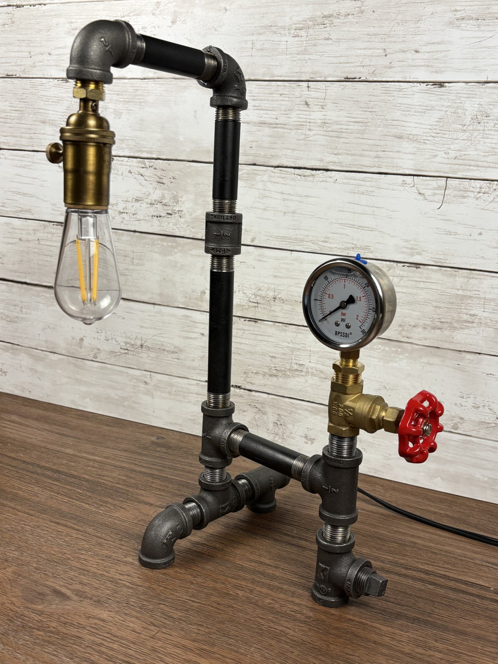 Black Iron Pipe Lamp with Pressure Gauge & Valve