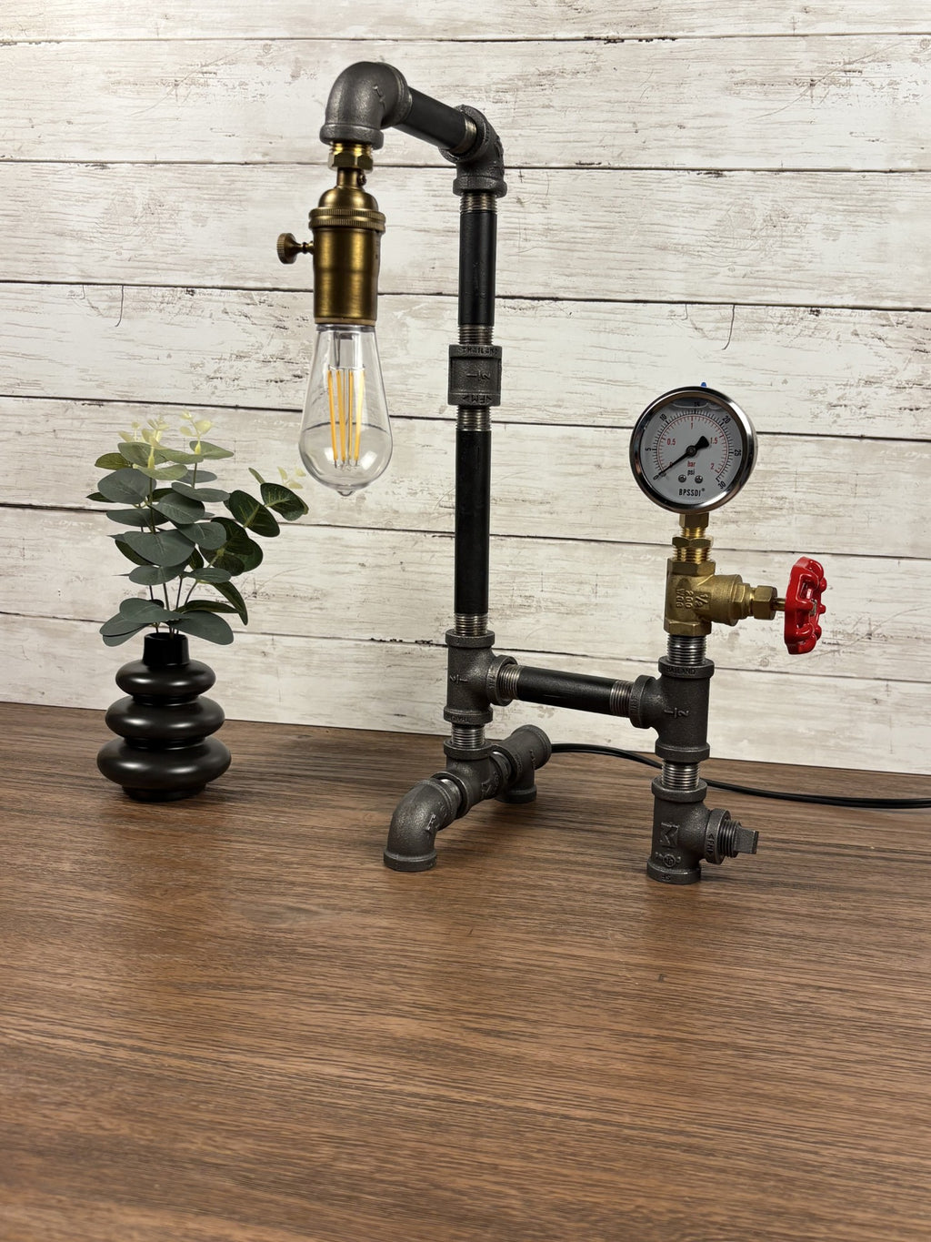 Black Iron Pipe Lamp with Pressure Gauge & Valve