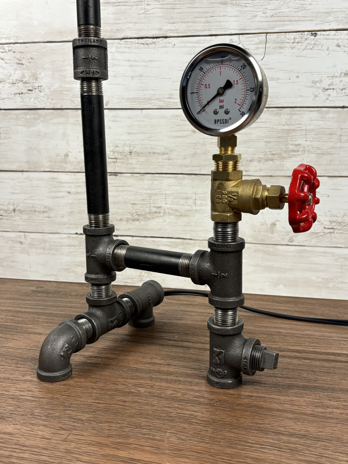 Black Iron Pipe Lamp with Pressure Gauge & Valve