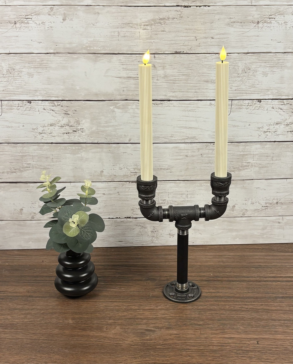 Black Iron Pipe Taper Double Candle Holder