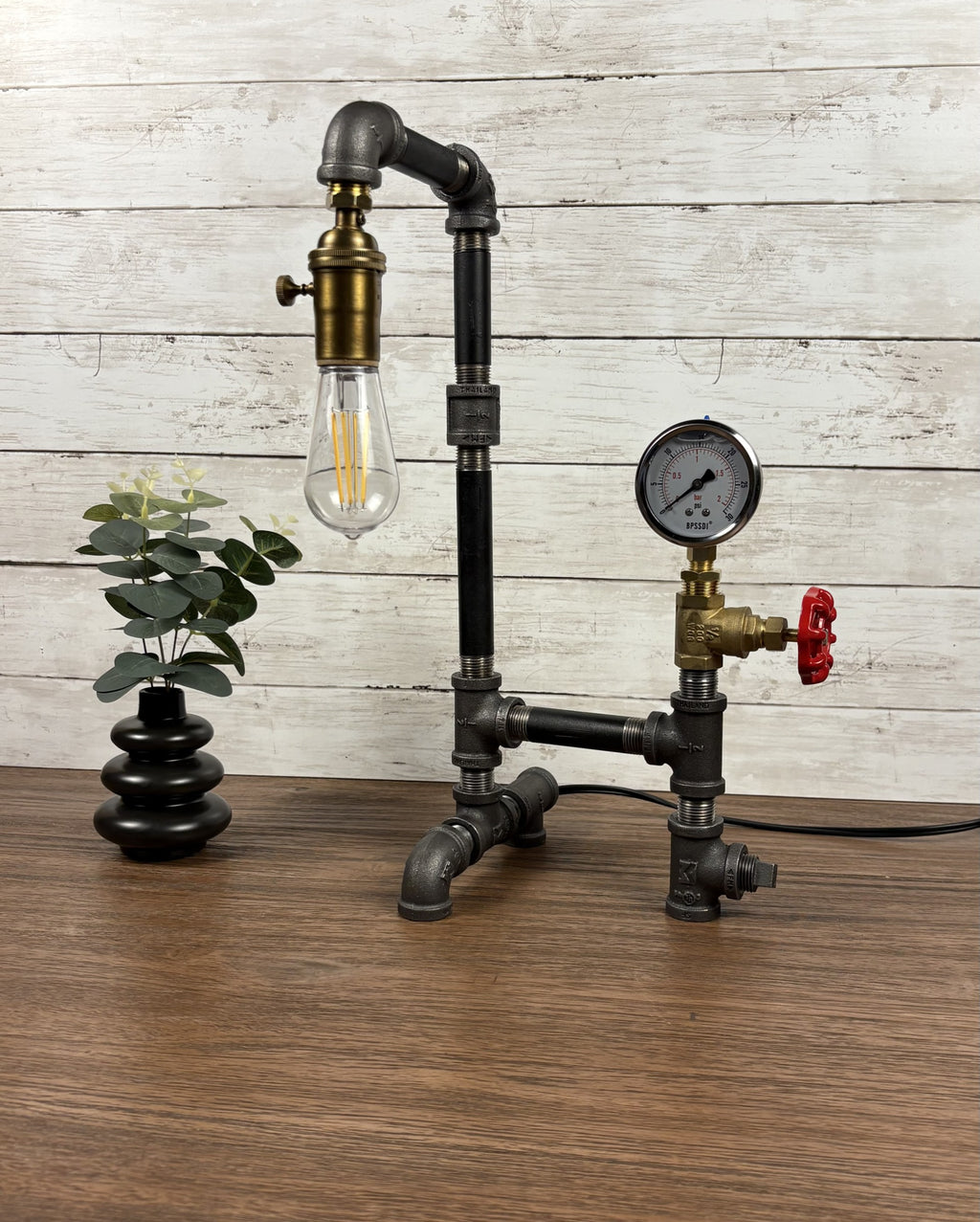 Black Iron Pipe Lamp with Pressure Gauge & Valve